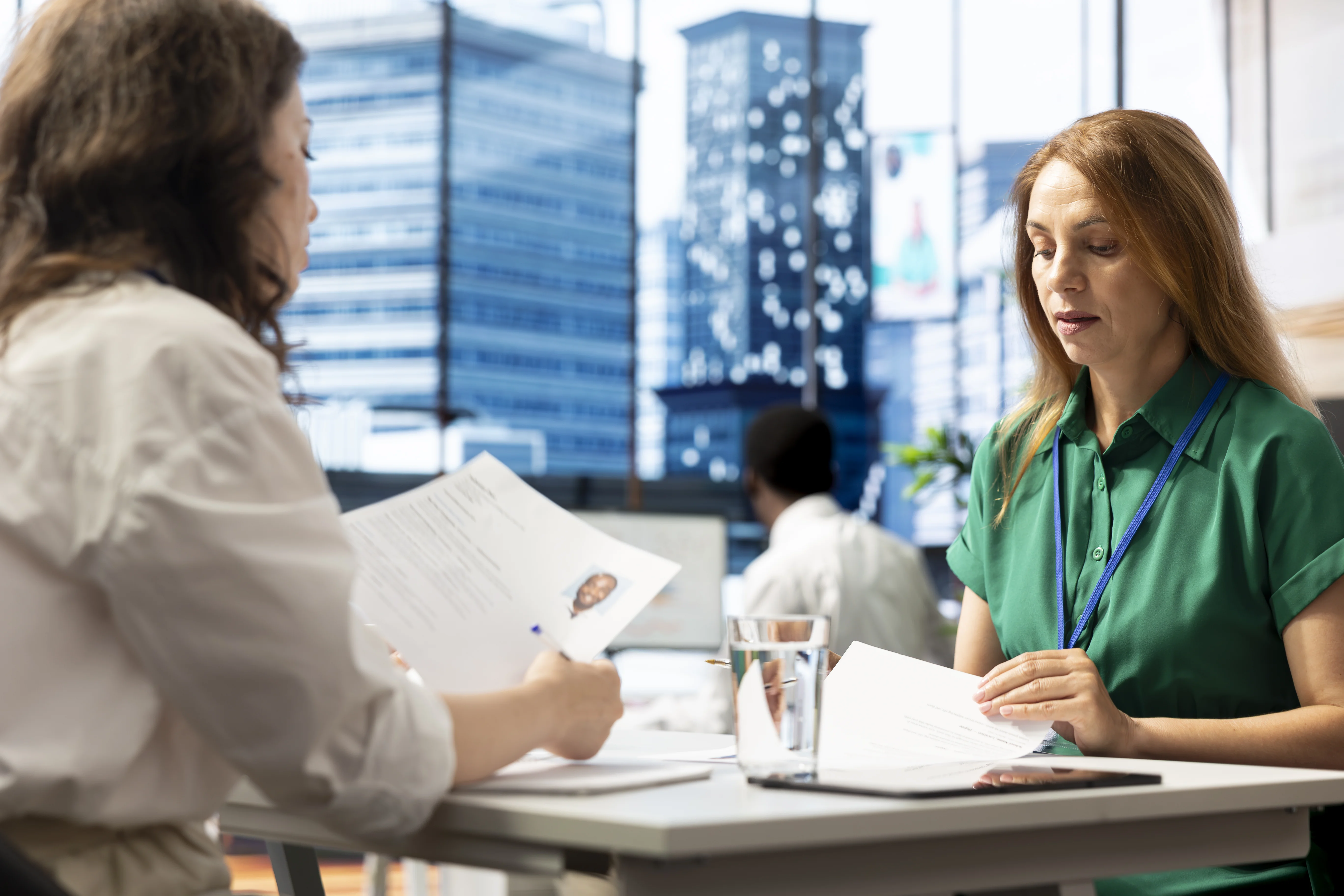 Healthcare professional practicing patient communication and critical thinking in an AI nursing interview.